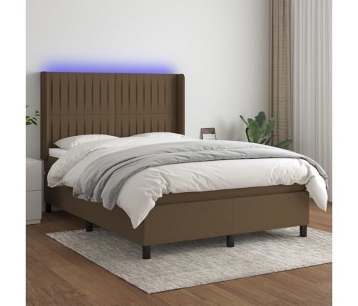 Cama box spring colchón luces LED tela marrón oscuro 140x200cm