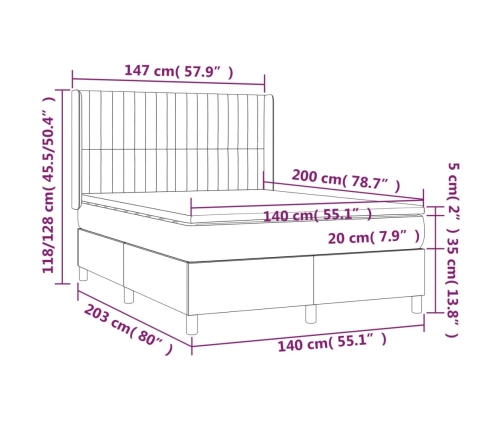 Cama box spring colchón y luces LED tela crema 140x200 cm