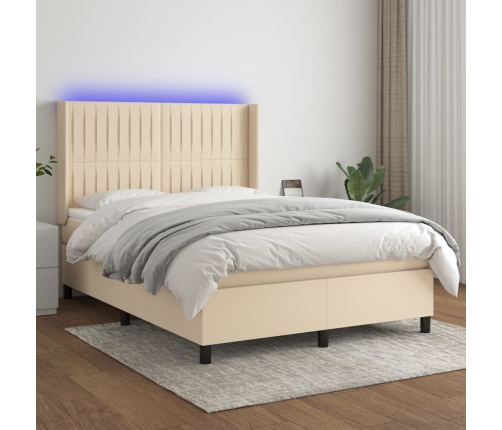 Cama box spring colchón y luces LED tela crema 140x200 cm