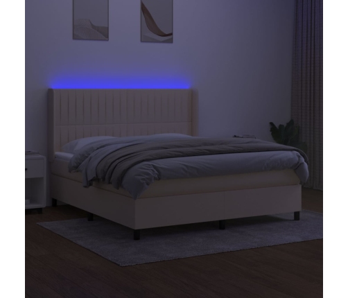 Cama box spring colchón y luces LED tela crema 160x200 cm