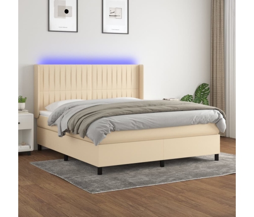 Cama box spring colchón y luces LED tela crema 160x200 cm