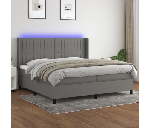 Cama box spring colchón y luces LED tela gris claro 200x200 cm