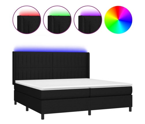 Cama box spring colchón y luces LED tela negro 200x200 cm