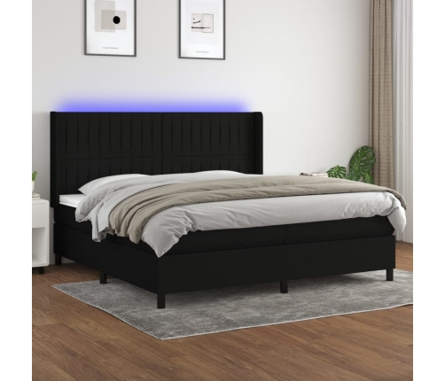 Cama box spring colchón y luces LED tela negro 200x200 cm