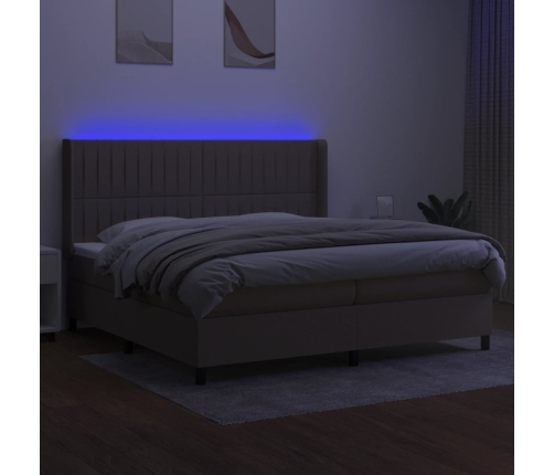 Cama box spring colchón y luces LED tela gris taupe 200x200 cm