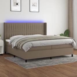 Cama box spring colchón y luces LED tela gris taupe 200x200 cm