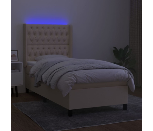 Cama box spring colchón y luces LED tela crema 80x200 cm