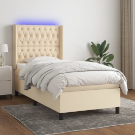 Cama box spring colchón y luces LED tela crema 80x200 cm