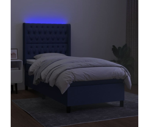 Cama box spring colchón y luces LED tela azul 80x200 cm