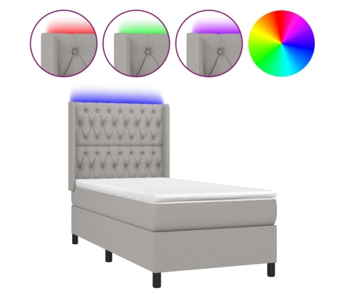 Cama box spring colchón y luces LED tela gris claro 90x190 cm