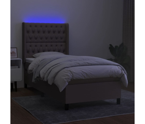 Cama box spring colchón y luces LED tela gris taupe 90x190 cm