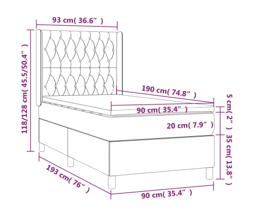 Cama box spring colchón y luces LED tela color crema 90x190 cm