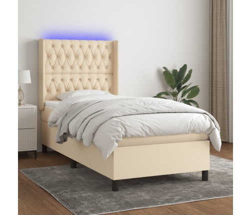 Cama box spring colchón y luces LED tela color crema 90x190 cm