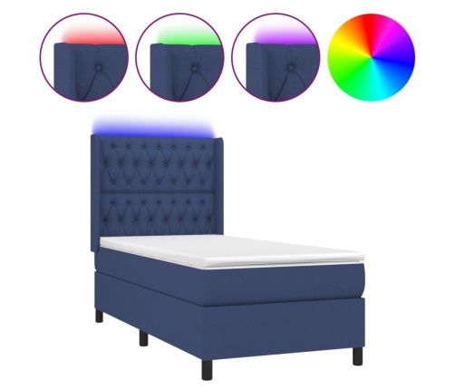 Cama box spring colchón y luces LED tela azul 90x190 cm