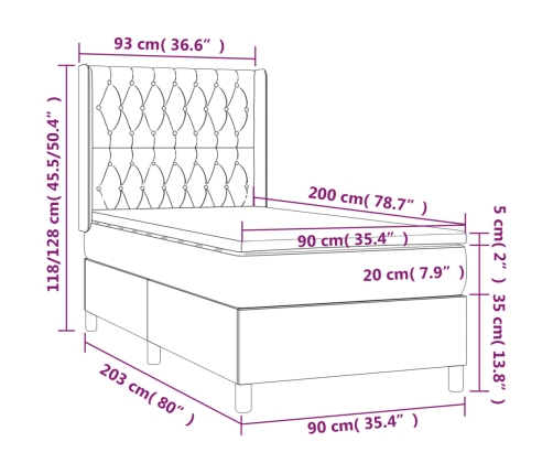 Cama box spring colchón y luces LED tela gris oscuro 90x200 cm