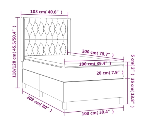 Cama box spring colchón y luces LED tela gris oscuro 100x200 cm