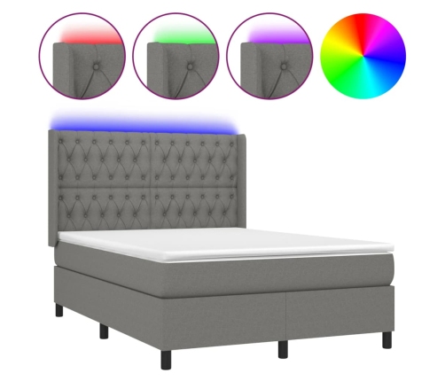 Cama box spring colchón y luces LED tela gris oscuro 140x190 cm