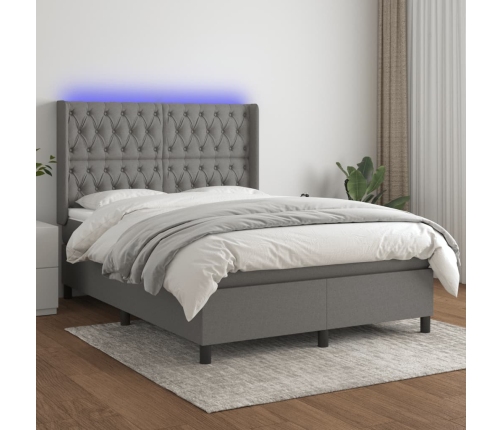 Cama box spring colchón y luces LED tela gris oscuro 140x190 cm