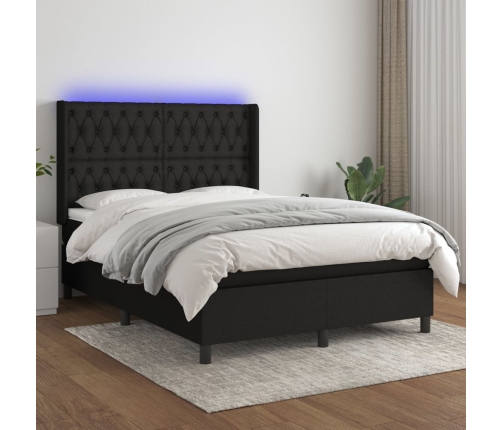 Cama box spring colchón y luces LED tela negro 140x190 cm