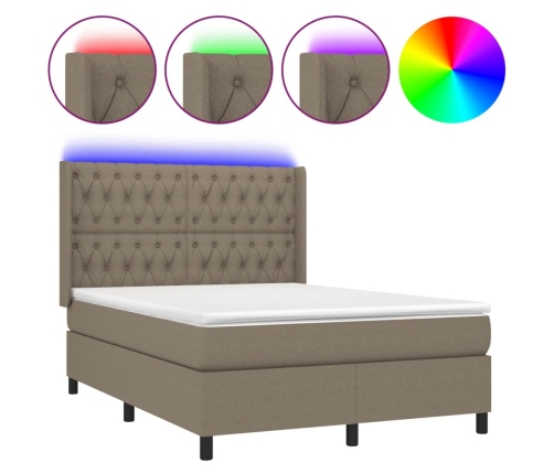 Cama box spring colchón y luces LED tela gris taupe 140x190 cm