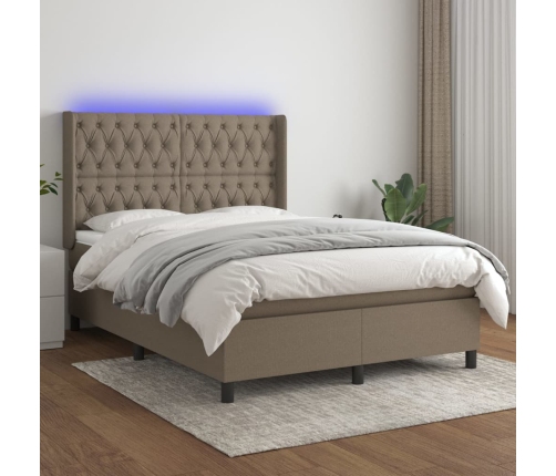 Cama box spring colchón y luces LED tela gris taupe 140x190 cm