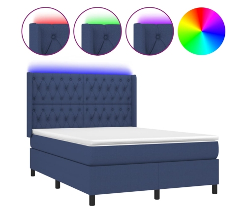 Cama box spring colchón y luces LED tela azul 140x190 cm