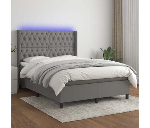 Cama box spring colchón y luces LED tela gris oscuro 140x200 cm