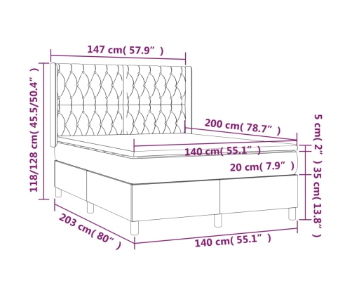 Cama box spring colchón y luces LED tela negro 140x200 cm