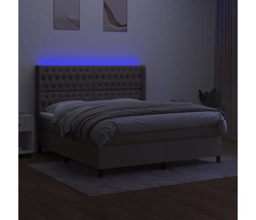 Cama box spring colchón y luces LED tela gris taupe 160x200 cm