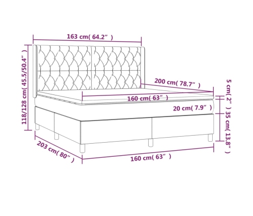 Cama box spring colchón y luces LED tela gris taupe 160x200 cm