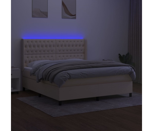 Cama box spring colchón y luces LED tela crema 160x200 cm