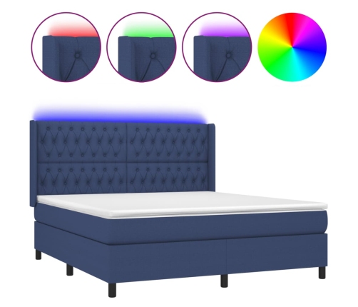 Cama box spring colchón y luces LED tela azul 160x200 cm