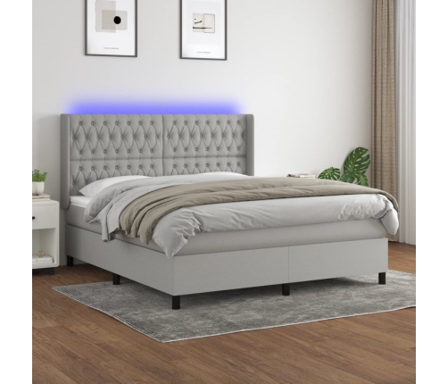 vidaXL Cama box spring colchón y luces LED tela gris claro 180x200 cm