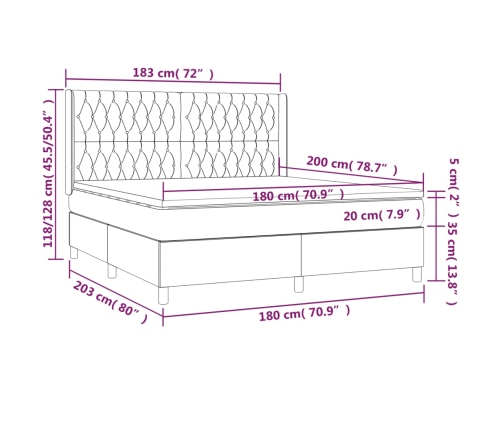 Cama box spring colchón y luces LED tela gris oscuro 180x200 cm