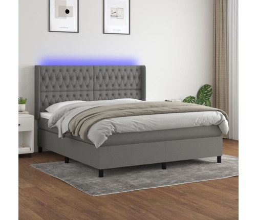 Cama box spring colchón y luces LED tela gris oscuro 180x200 cm