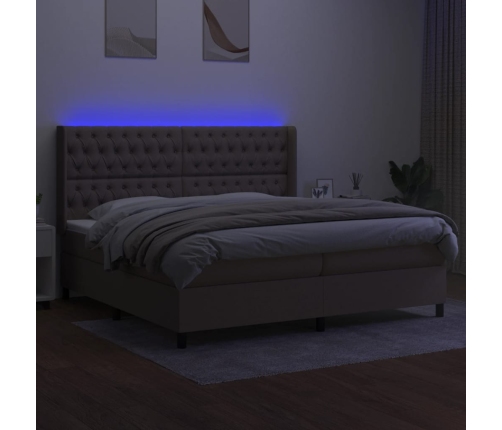 Cama box spring colchón y luces LED tela gris taupe 200x200 cm