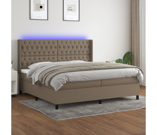 Cama box spring colchón y luces LED tela gris taupe 200x200 cm