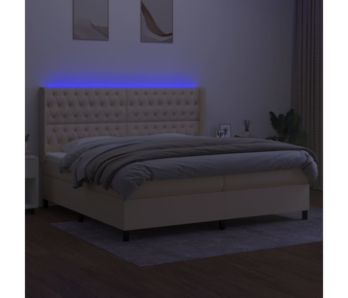 Cama box spring colchón y luces LED tela crema 200x200 cm