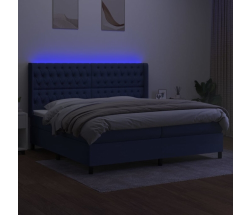 Cama box spring colchón y luces LED tela azul 200x200 cm