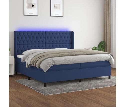 Cama box spring colchón y luces LED tela azul 200x200 cm