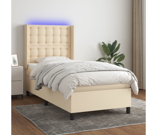 Cama box spring colchón y luces LED tela crema 80x200 cm