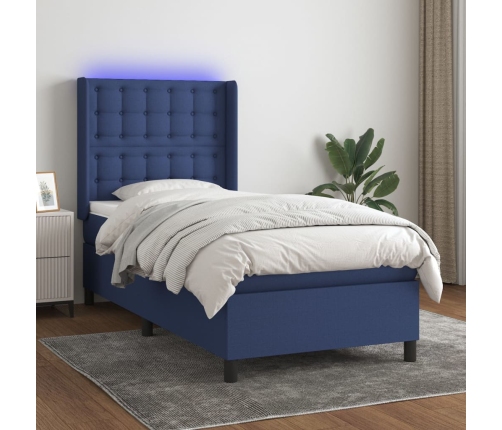 Cama box spring colchón y luces LED tela azul 80x200 cm