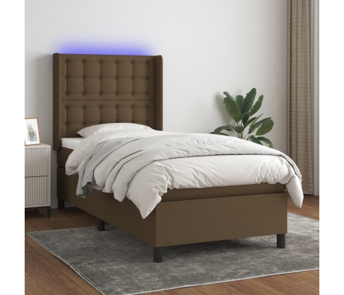 Cama box spring colchón y luces LED tela marrón oscuro 90x190cm