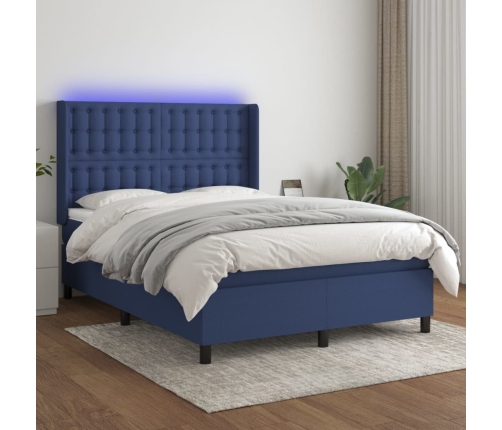 vidaXL Cama box spring colchón y luces LED tela azul 140x190 cm