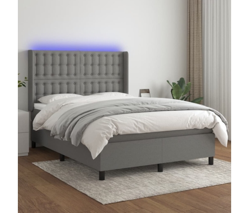 Cama box spring colchón y luces LED tela gris oscuro 140x200 cm