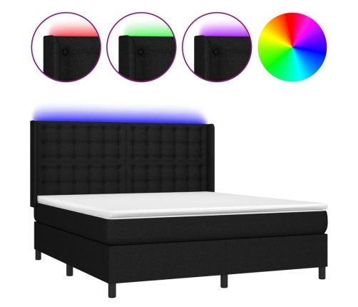 Cama box spring colchón y luces LED tela negro 160x200 cm