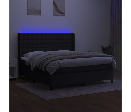 Cama box spring colchón y luces LED tela negro 160x200 cm