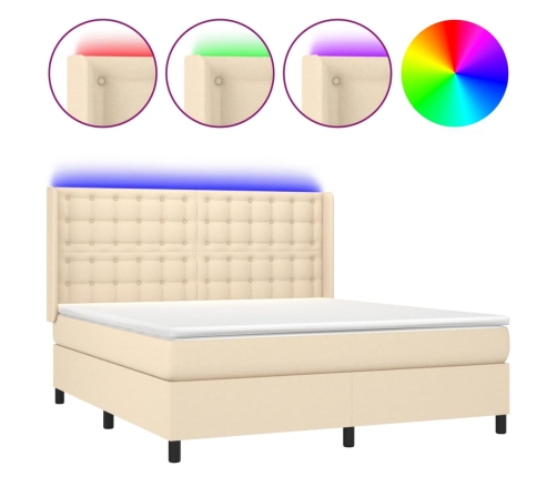 Cama box spring colchón y luces LED tela crema 180x200 cm