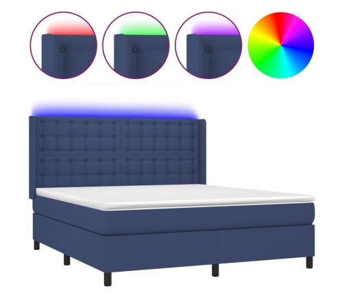 Cama box spring colchón y luces LED tela azul 180x200 cm