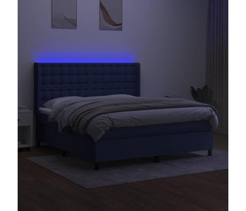 Cama box spring colchón y luces LED tela azul 180x200 cm